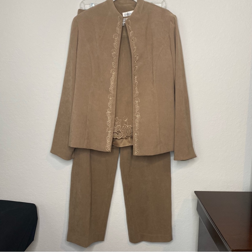 Studio 1 suede Tan 3pc set Embroidered Women's Blazer,top and Dress Pants